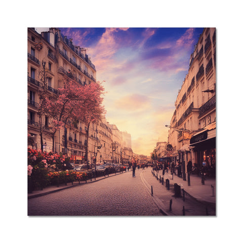 A colorful street in Paris at sunset with flowers, people and colorful paintings.
