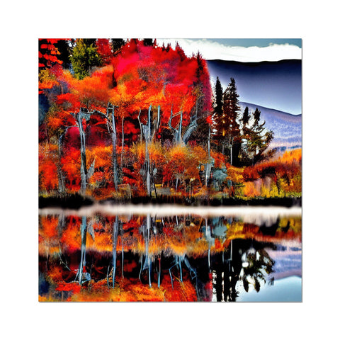 Art print with an autumn leaf in front of a picture of trees.