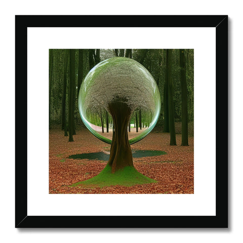 A large framed print shows a colorful sphere in a room.