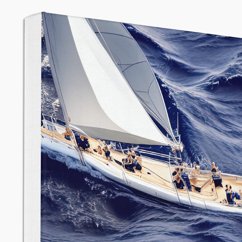 A boat sailing with sails on the water in a picture frame.