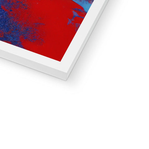 An abstract painting printed on a softcover artwork of a red and white background.