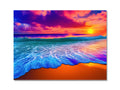 A colorful canvas with a sunset picture on a white blanket.