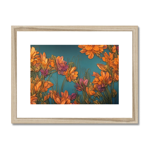A framed art print of flowers with a bird sitting outside on a wall.
