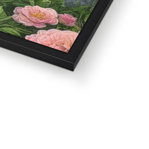 A picture frame that has a red flower on it with a green background.