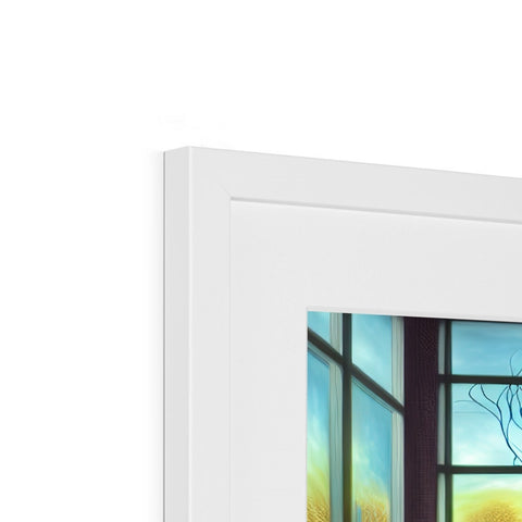 A white picture frame with a window and a picture frame standing.