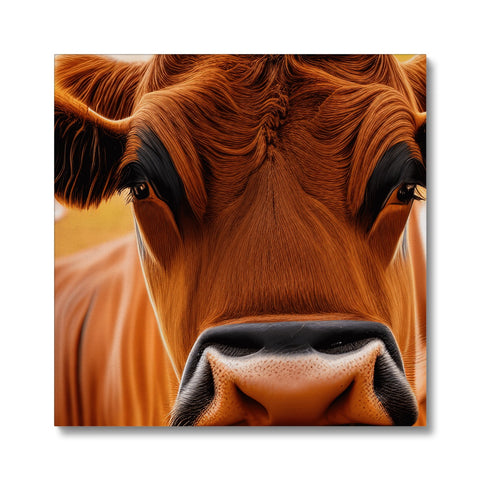 A brown cow is standing in front of a white background with a big, bare head