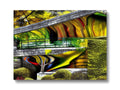 An image of an abstract painting with a painting leaning up against an overpass.