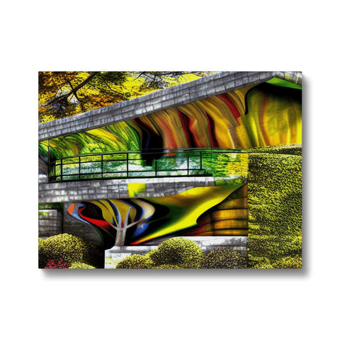 An image of an abstract painting with a painting leaning up against an overpass.