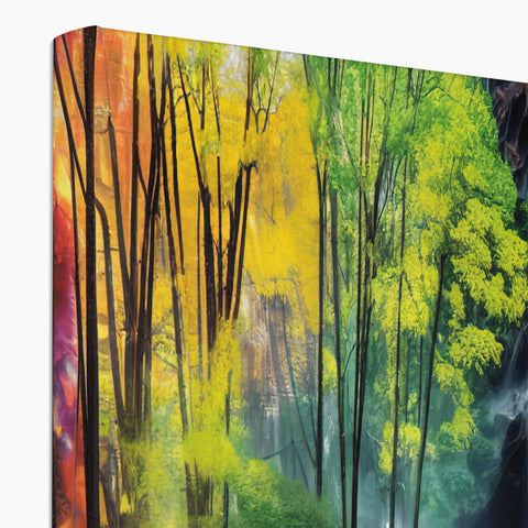 Art print of a lush forest with lush vegetation and trees on each side of the side