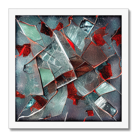 A painting that depicts a window frame with shards of glass on it.