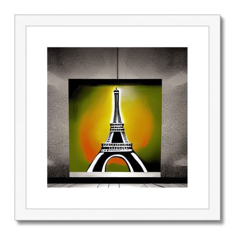 A yellow framed print of Paris by the city skyline.