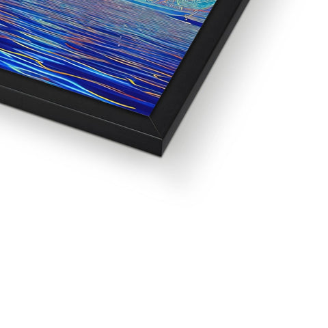 A picture frame with a small tablet in it and a blue background.