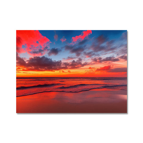 A large print of a sunset on a blanket on a table with some paper cards at