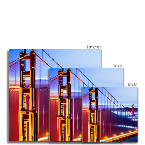 A picture of an art print of a golden gate across the street to the side of
