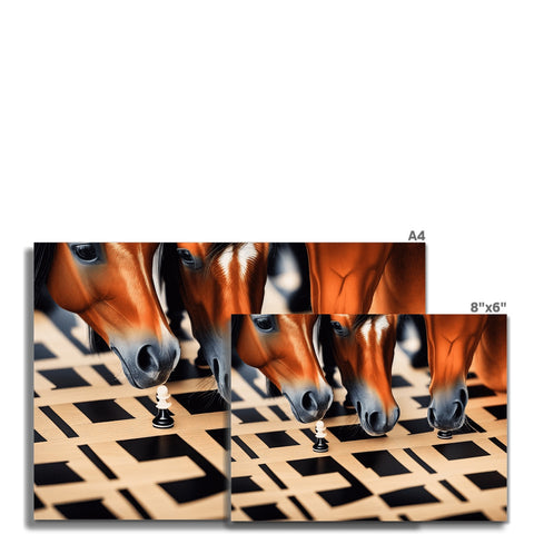 Horses pulling on a cardboard box of chessboards that are on the ground.