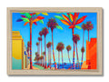 A wooden picture of Santa Monica with flowers in a palm tree sitting outside.