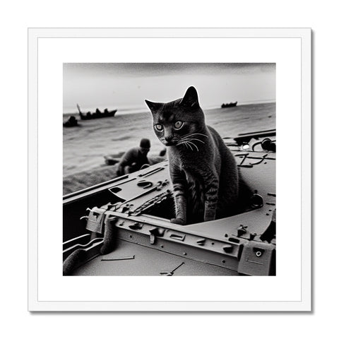 A cat sitting on top of a black and white photograph with a border.