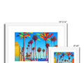 there are a few colorful greeting cards on a photo frame of three palm trees.