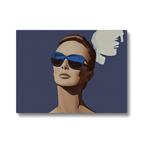 An art print with a woman smiling under a sunglasses sitting at a table.