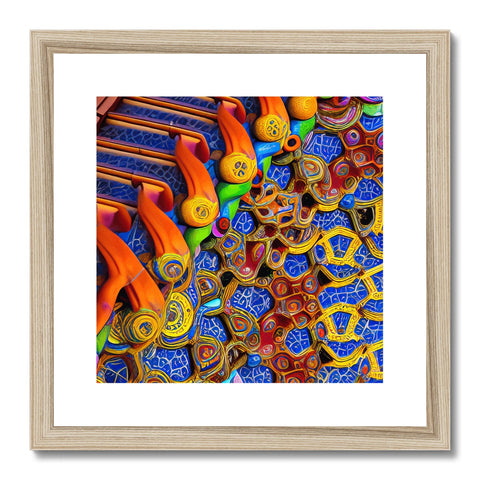 colorful wooden art print with various designs on it in a room.