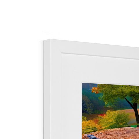 A white photo frame with a view of a tree on it, is covered with artwork