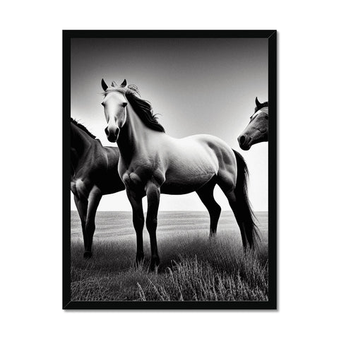 two horses sitting in the field on black and white grass