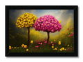Pink and yellow flowers on an  art print on a blue frame.
