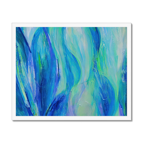 A colorful art print shows waves breaking over a beach in a beautiful setting.