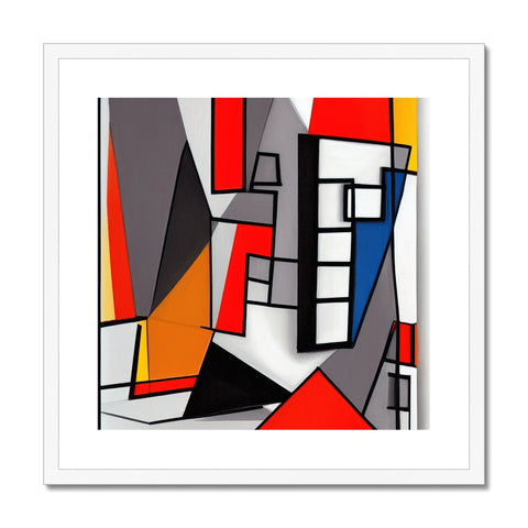 An abstract art print with abstract shapes on a white wall.