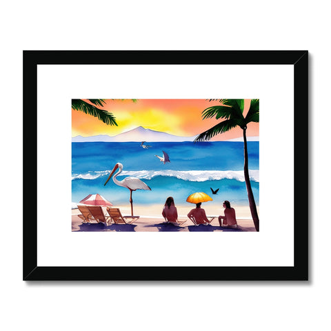 A colorful print of a beach with surfers sitting on shore.