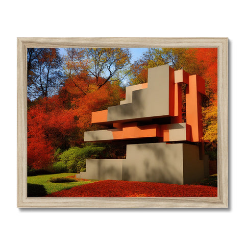 A fall color painting over a sculpture standing in front of a dark building.
