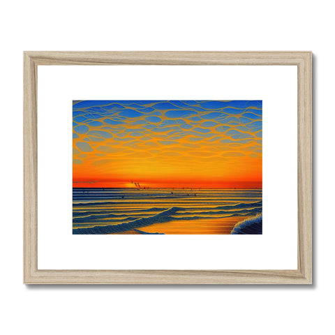 An art print depicting a beach with a sunset with people sitting there watching the surf.