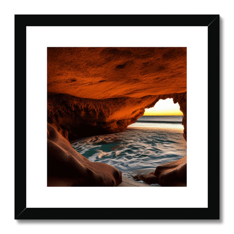 a picture of a dark green cave is framed by an art print.