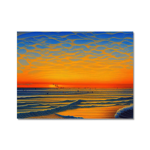 A sunset scene with waves crashing against a tall sand bar at a beach.