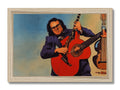 A man playing a mandolin in a wooden frame.Advertisement