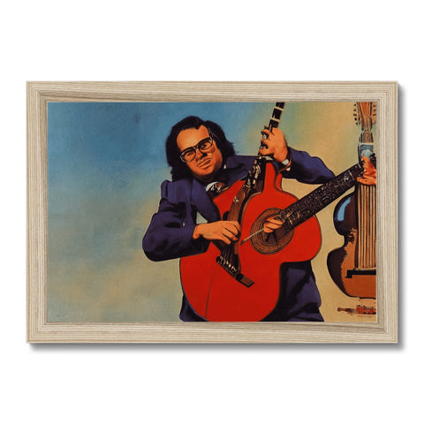 A man playing a mandolin in a wooden frame.Advertisement