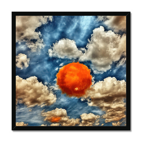 A rainbow with clouds and a sunset in the background of an art print.