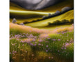 a golden grass field with flowers in the middle of a hillside grass