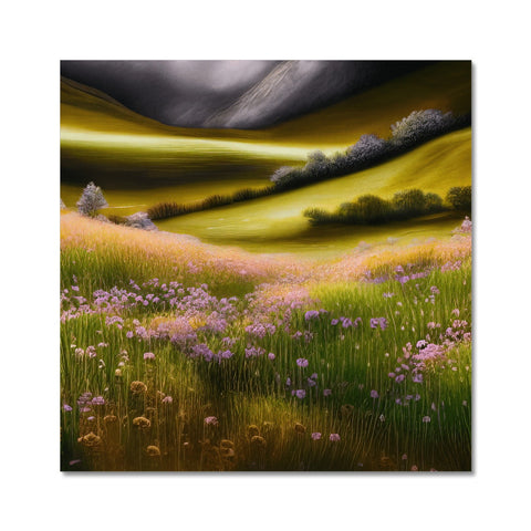 a golden grass field with flowers in the middle of a hillside grass
