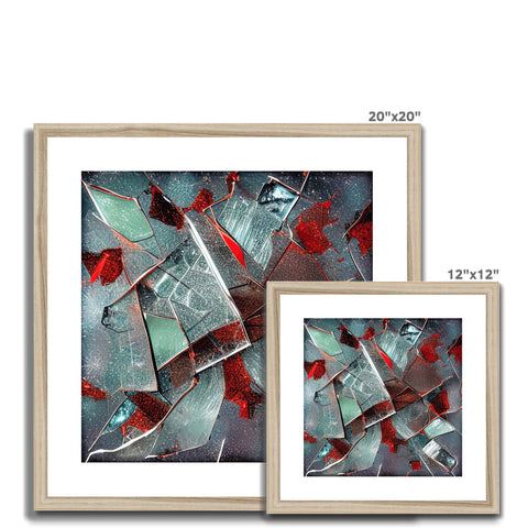 Three small wooden frames full of pieces of broken glass on a wood table.