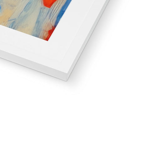White image of an abstract painting in a wooden framed picture frame.