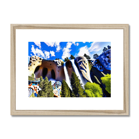 A framed art print filled with foliage next to a mountain side with buildings.
