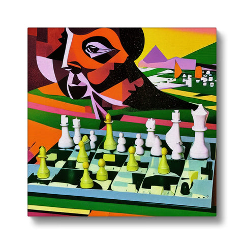 An art print on a board that has two chess pieces next to it.