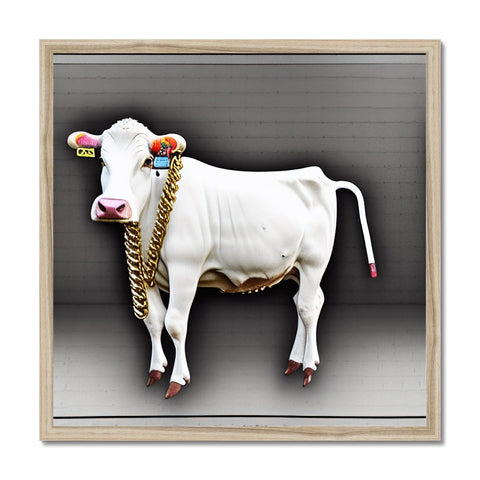 A cow on a stand on a white stone floor and surrounded by other images hanging tall