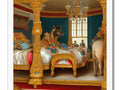 A bed with an image of animals surrounded by jewelry and a carousel