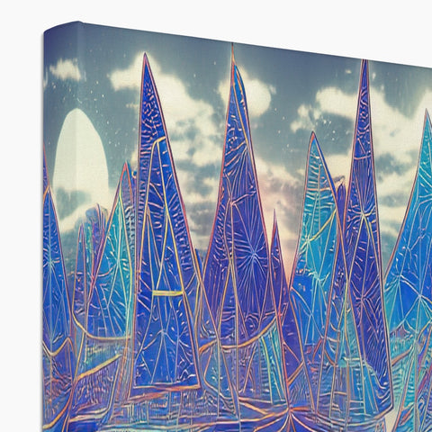 Art print with sailboats that are floating on a lake.