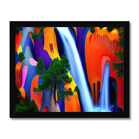 A large art print of waterfalls along a river with colorful trees behind it.