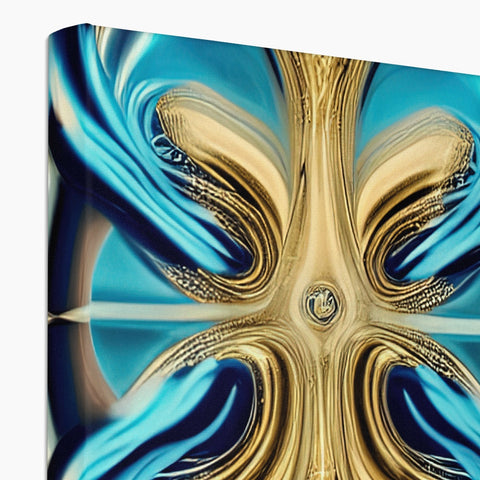 A softcover painting of an aqua and gold refrigerator on a silver stand on a