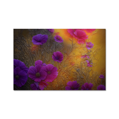 A wall hanging with a purple blanket covered with colorful flowers and plants.