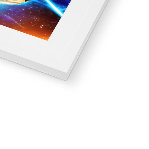 A white photo frame with a softcover picture of digital art on it.